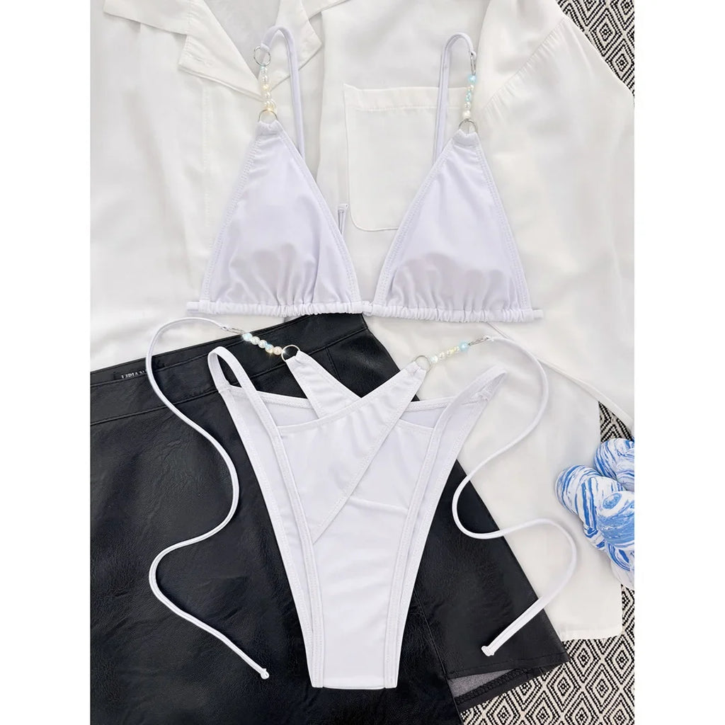 Sexy Halter Pearls Strappy Bikini Female Swimsuit Women Swimwear Two-Pieces Bikini Set High Cut Bather Bathing Suit Swim V5473