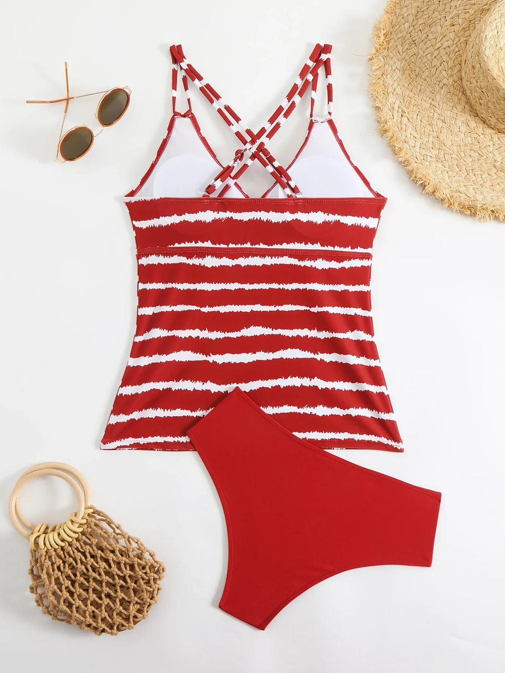 2026 Strappy Tankini Set Two Pieces Swimsuit Women Striped Swimwear Female Bathers Bathing Swimming Swim Suit Beachwear XXL