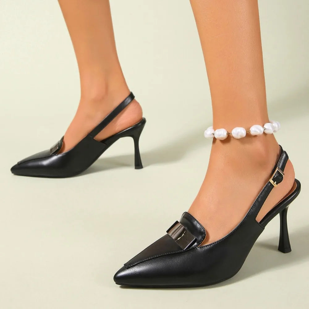 Women French Roman Sandals Pointed Toe 8cm Stiletto Thick Heels Back Buckle Strap Office OL Single Dress Shoes Large Size 34 45