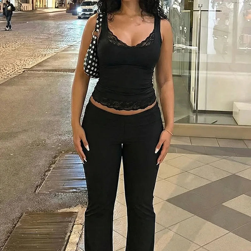 FDYOUI Sexy Lace Patchwork Tank Tops for Women Fashion Sleeveless Backless Cropped T-shirt Black White Y2K Skinny Corset Top