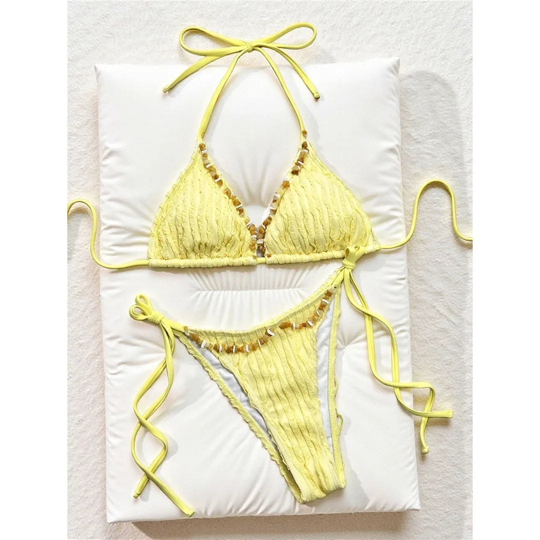 2026 Wrinkled Crinkled Halter Bikini Women Swimwear Female Swimsuit Strappy Bather Bathing Suit Swim Two-pieces Bikini set K8057