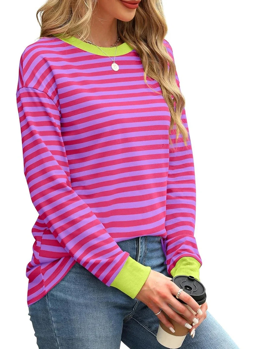 Autumn Winter Long Sleeve Basic T-Shirts Women Stripe Print Round Neck Casual Loose Fit Tunic Tops Streetwear