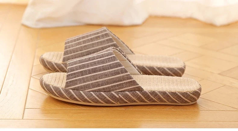 Breathable Linen Slippers For Women Men Summer House Shoes Striped Design Soft Sole Anti-Slip Couples Home Floor Cotton Slides