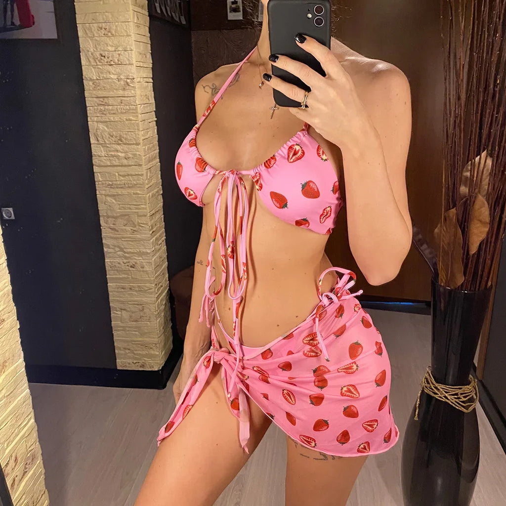 New With Sarong Printed Halter Bikini Female Swimsuit Women Swimwear Three-Pieces Bikini Set Bather Bathing Suit Swim Lady V4156
