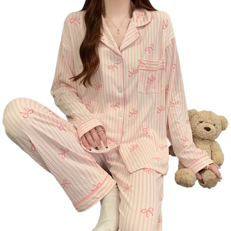 Spring Autumn New Women's Pajamas Long Sleeved Long Pants Sweet Printed 2-piece Set Casual Home Cardigan Nightgown