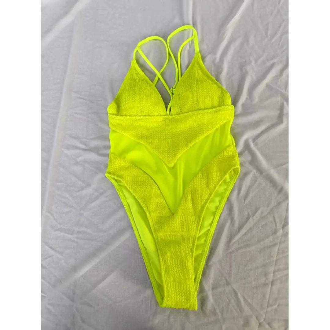 S - XXL 5 Colors V Neck Mesh Sheer Women Swimwear One Piece Swimsuit Female High Leg Cut Monokini Bather Bathing Suit Swim V6168