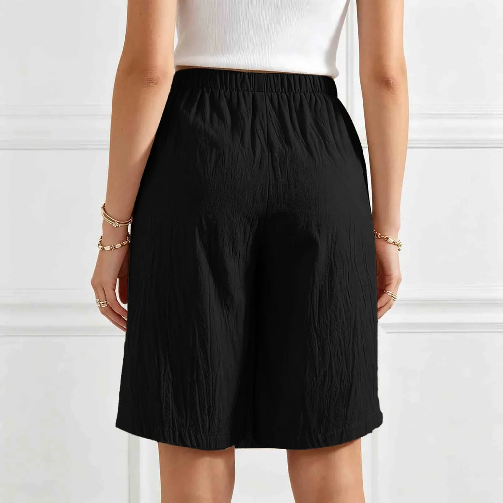 Women's Textured Wrap Skirt Shorts Solid Color Elastic Waist Midi Skort With Pocket Casual Loose Fit Layered A Line Summer Short