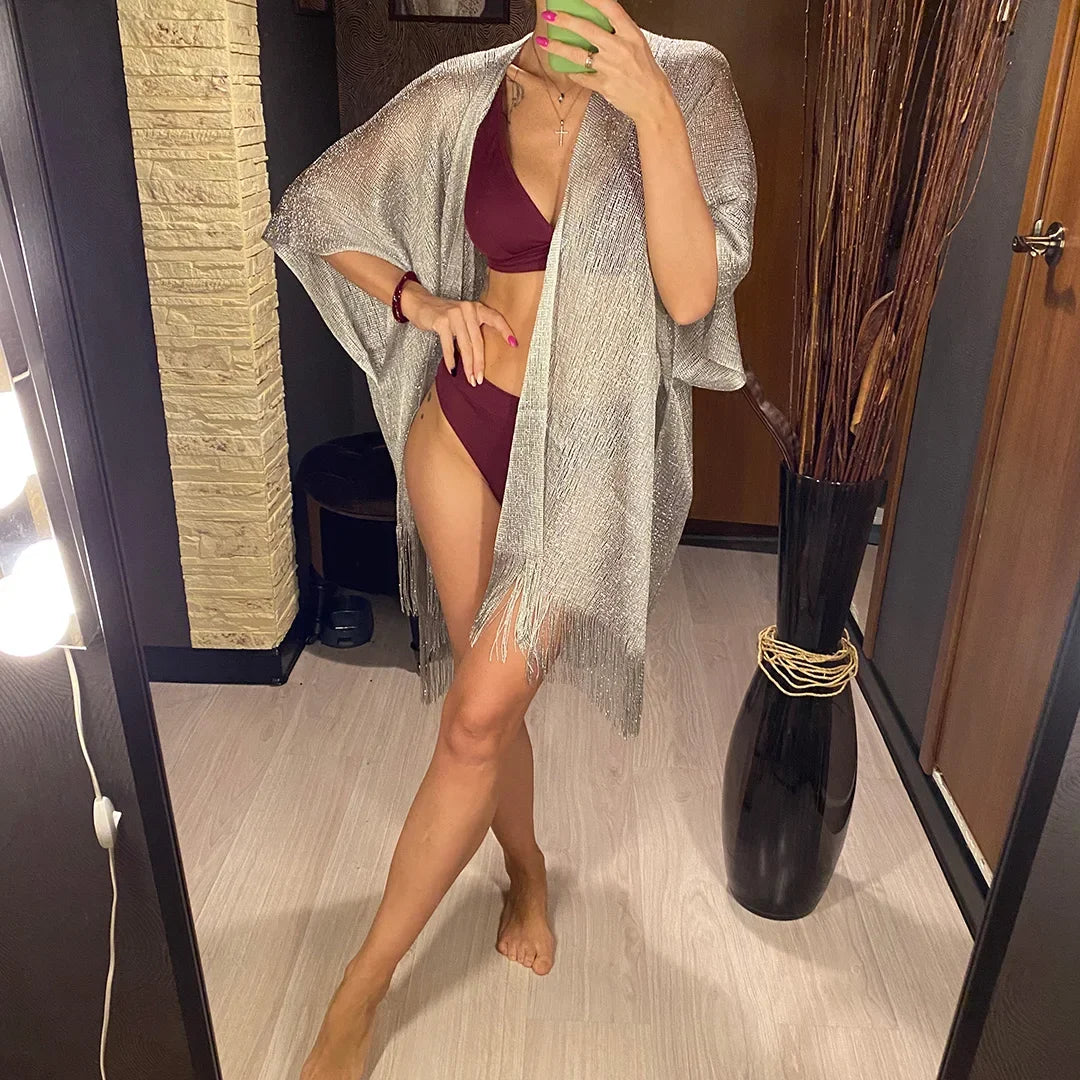 Sexy Fringe Tassel Mesh Sheer Shiny Knitted Tunic Beach Cover Up Cover-ups Beach Dress Beach Wear Beachwear Female Women V3321