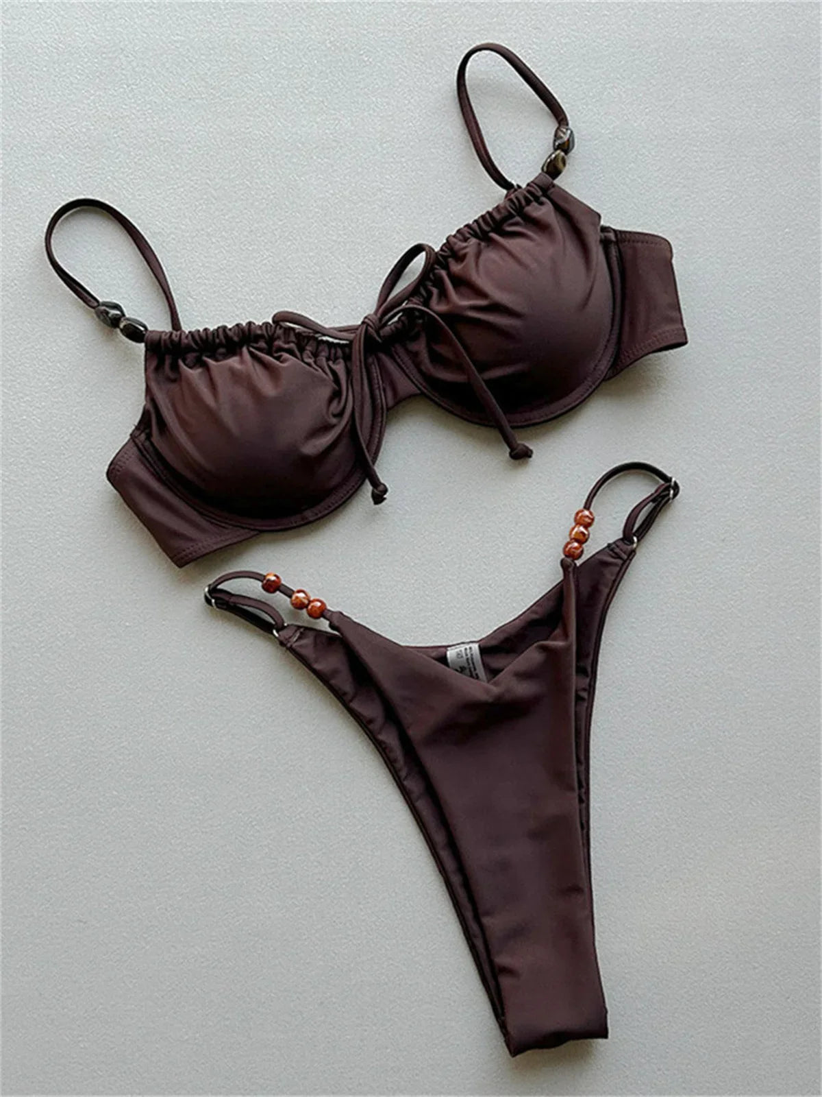 Sexy Coffee Bikini Set Women Front Tie Pleate Push Up Underwire Bra Beaded String Thong Swimsuit 2026 Bathing Suit Pool Swimwear