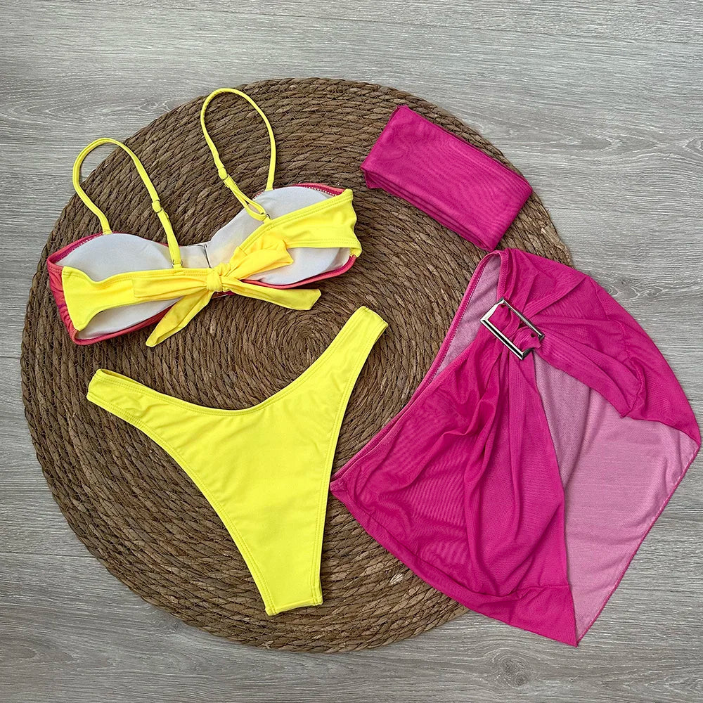 4 piece Bikini Set with Mini Skirt Headscarf Push Up Women Swimsuit 2024 Sexy Swimwear Brazilian Bikinis Thong Biquini Beachwear