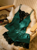 Women's Satin Camisole Shorts Set, Lace Trim Cami Top and Shorts, Silky Spring Summer Sleepwear Loungewear Pajama