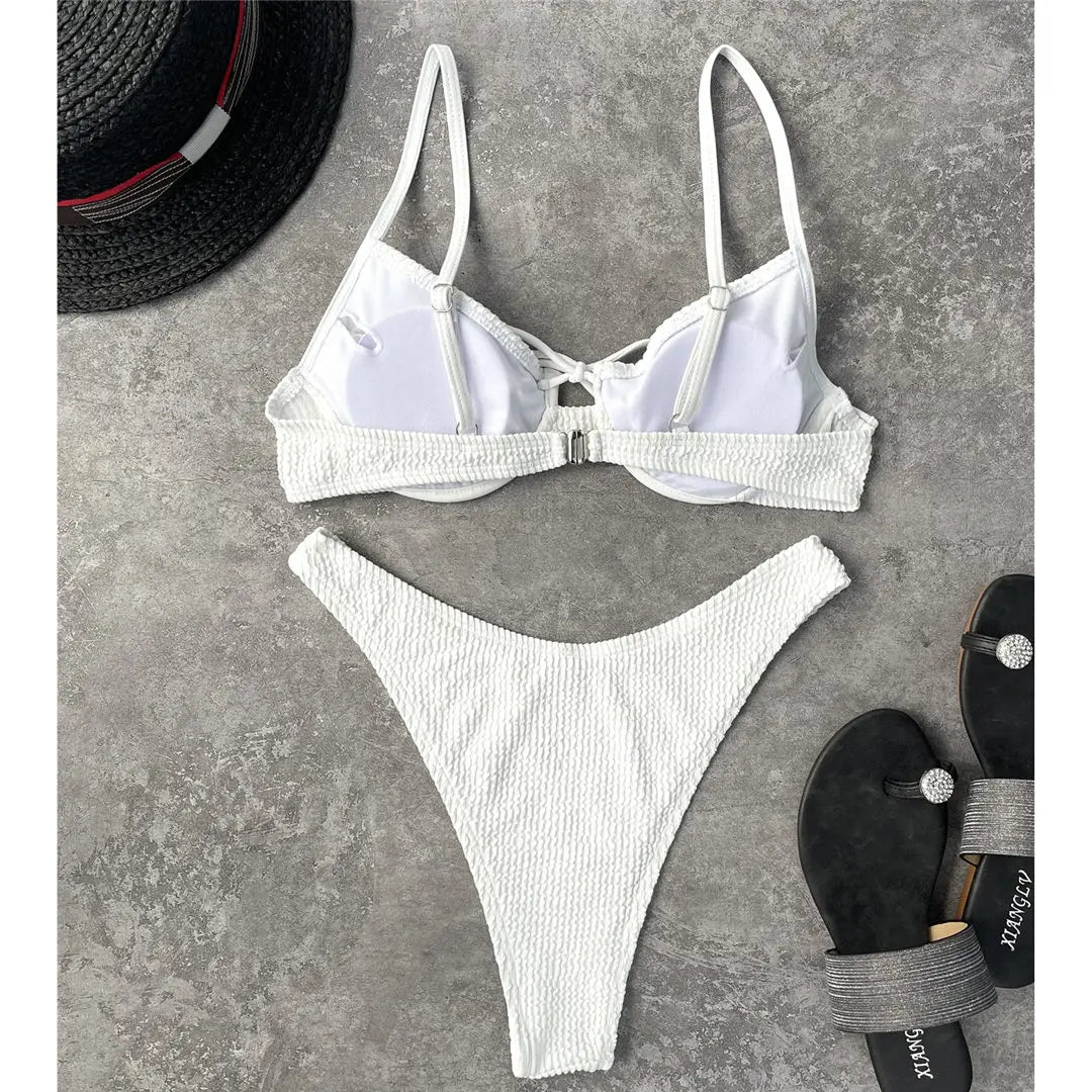 New Sexy White Wrinkled Mid Waist Bikini Women Swimwear Female Swimsuit Two-pieces Bikini set Bather Bathing Suit Swim K3041