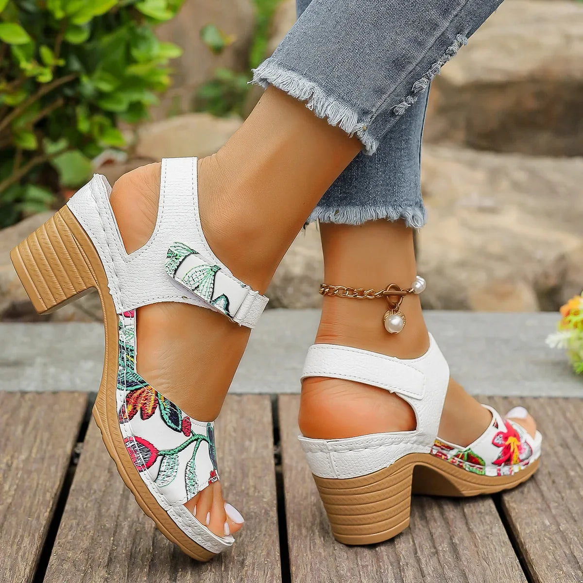 Women's Peep Toe Hihg Heel Sandals 2026 Gladiator Shoes Chunky Heel Platform Women's Sandals Flower Ladies Heeled Shoes