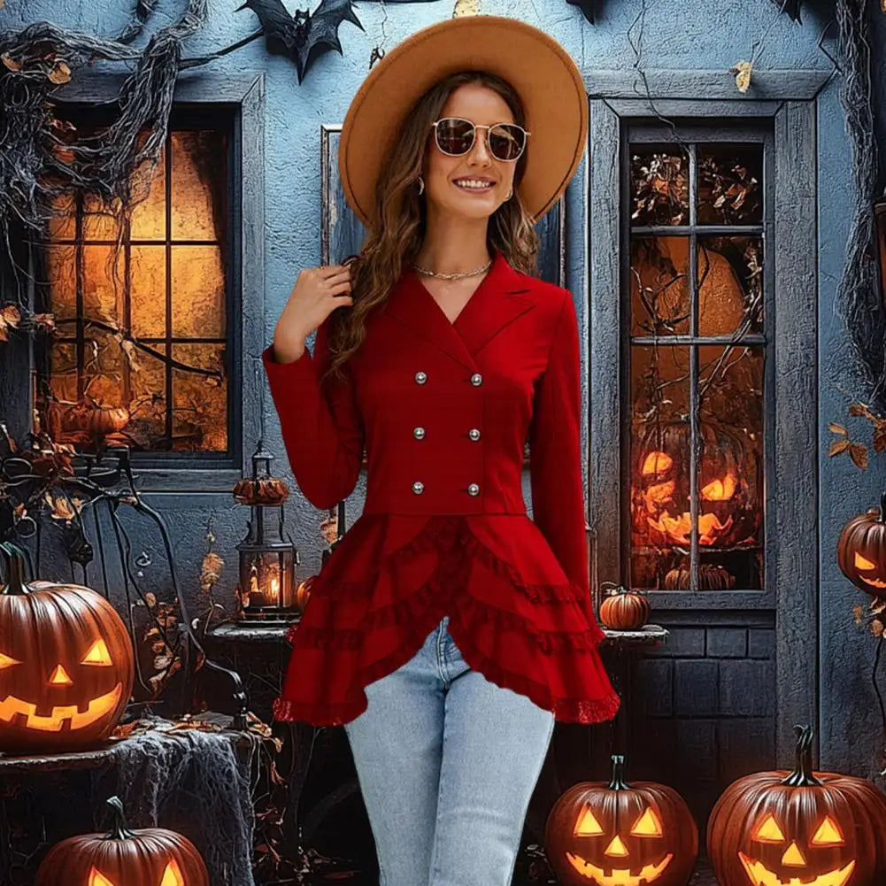 Women Double Breasted Victorian Steampunk Blazer Coat Gothic Tuxedo Tailcoat Jacket with Lace Hem Halloween Uniform Costume