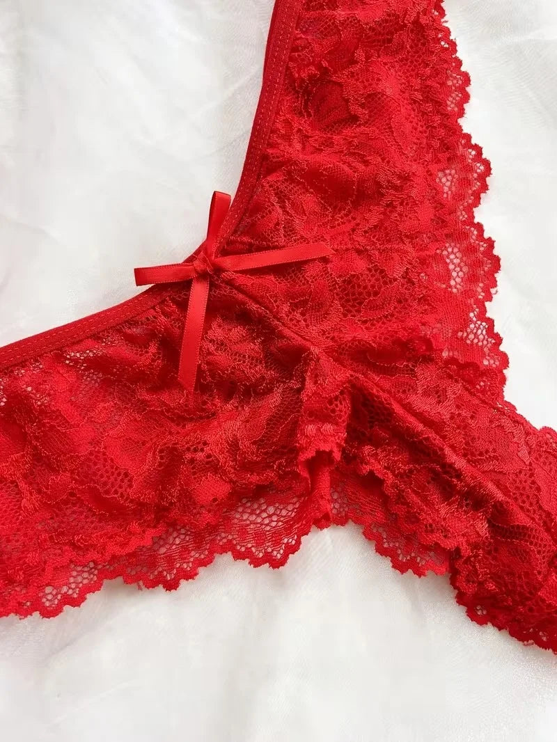 2026 New Red Sexy Lingerie Set Women Deep V Slip Dress Thong Erotic Bra Panty Sets Lace Nightdress Soft Nightgown wedding Pijama