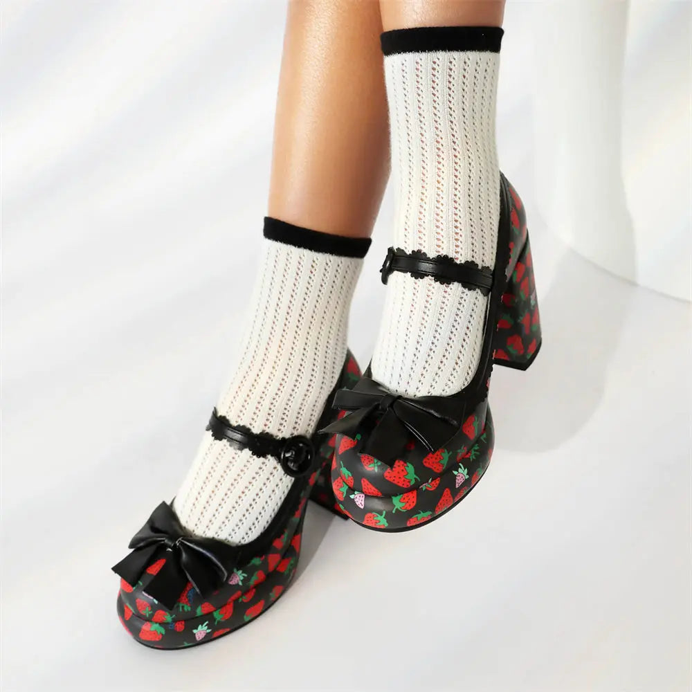 Big Size 43 High Quality Women's y2k Block High Heels Sweet Strawberry Print Mary Jane Pumps Black Pink Platform Lolita Shoes