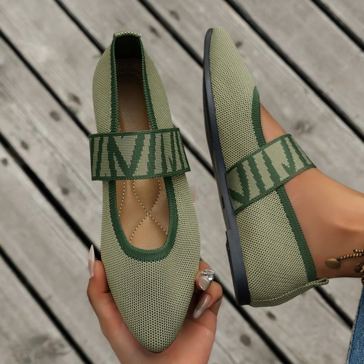 Knitted Color-block Women's Flat Shoes Dressy Ballet Flats Casual striped straps Pointed Toe Loafers Female Daily Shoes Big Size