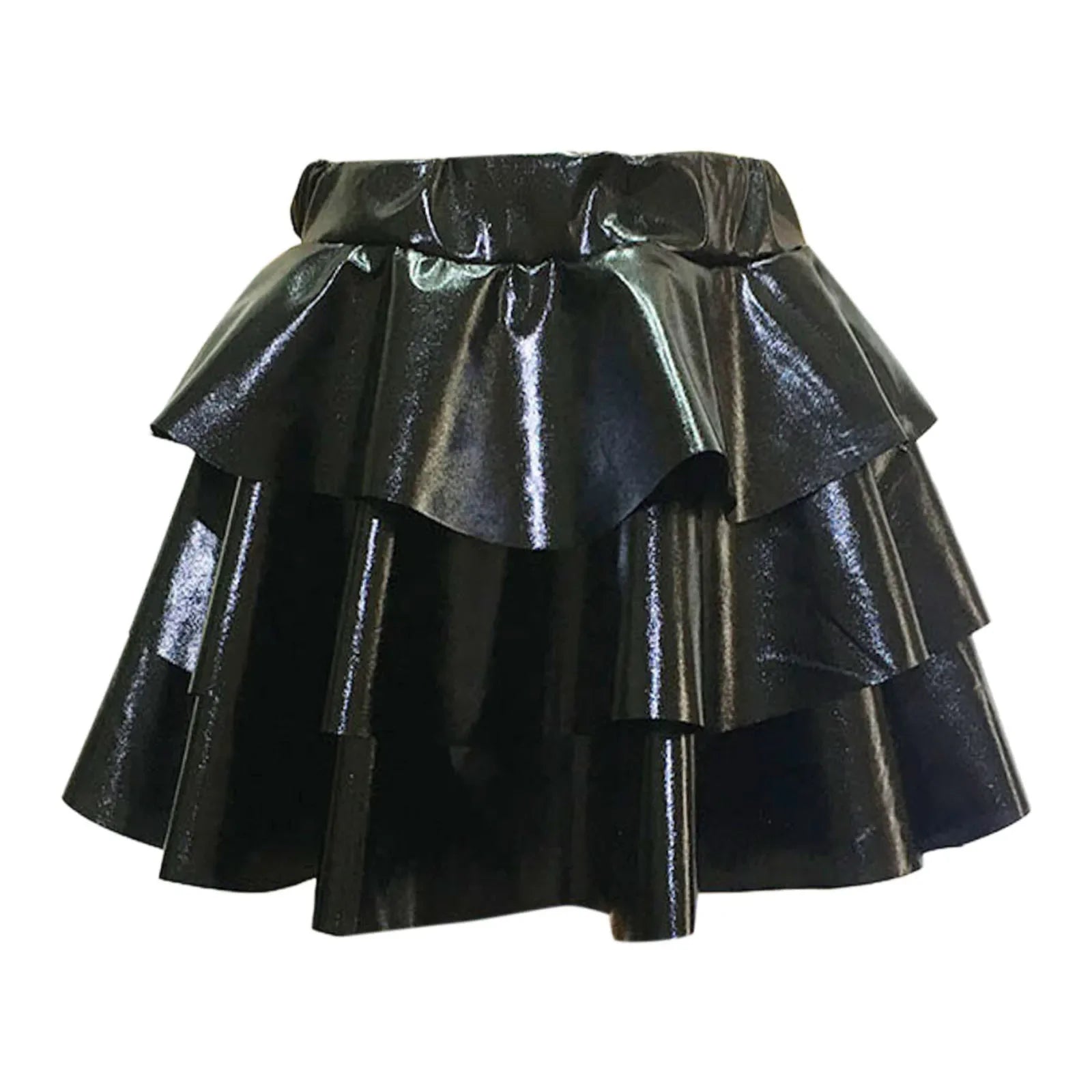 Women's Gold Metallic Tiered Mini Skirt Elastic High Waist Shiny Pu Ruffle Hem Party Skirts Dance Performance Festival Outfits
