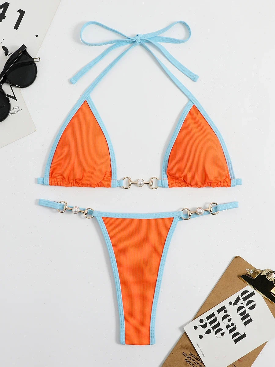 Pearl Thong Bikinis 2025 Women Sexy Triangle Swimsuit Solid Brazil Swimwear Female Padded Bathing Swimming Suit Beachwear Summer
