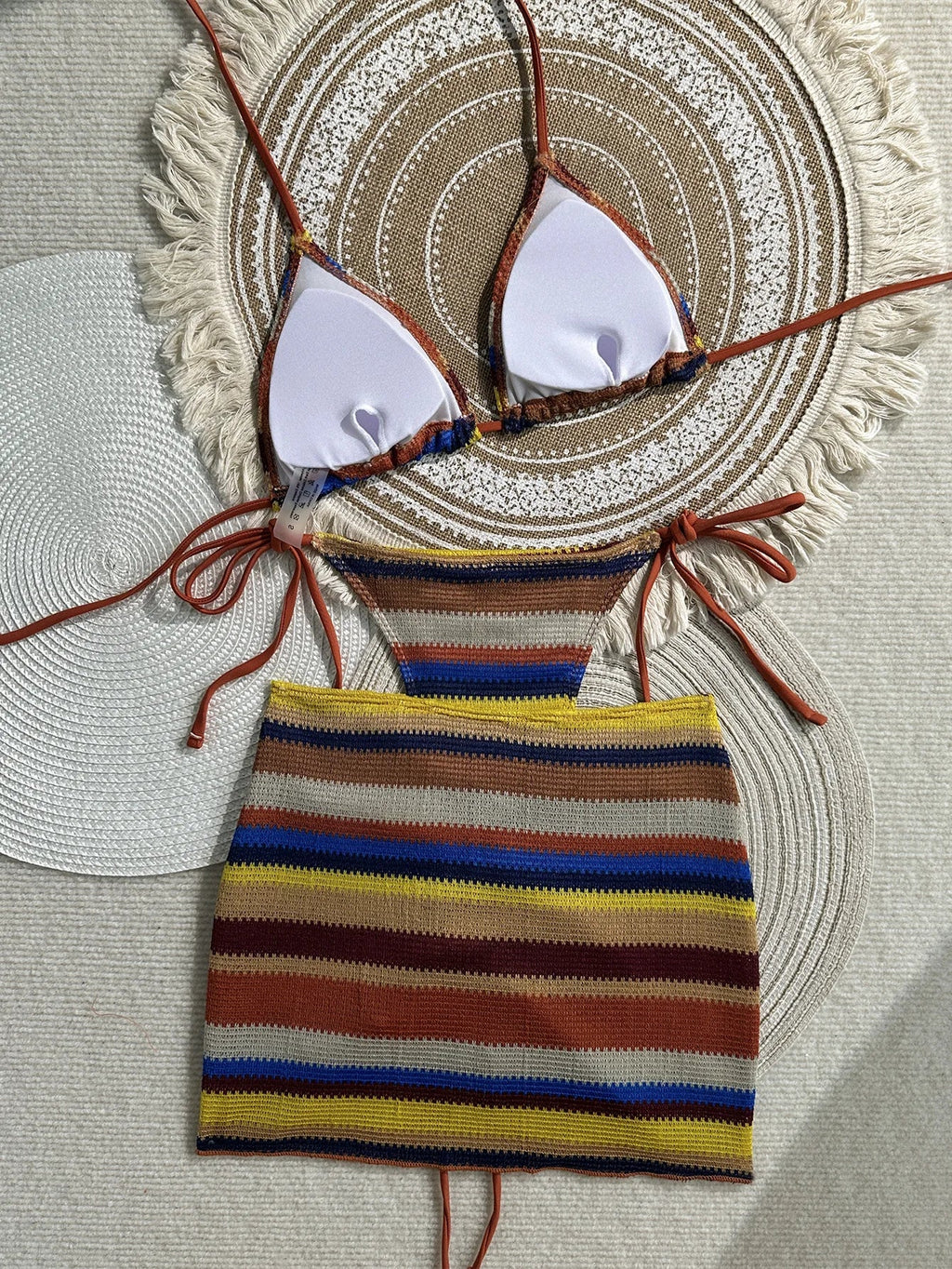 3PCS With Skirt Sarong Knitted Striped Bikini Women Swimsuit Female Swimwear Three Pieces Bikini Set Bathing Suit Swim Beachwear