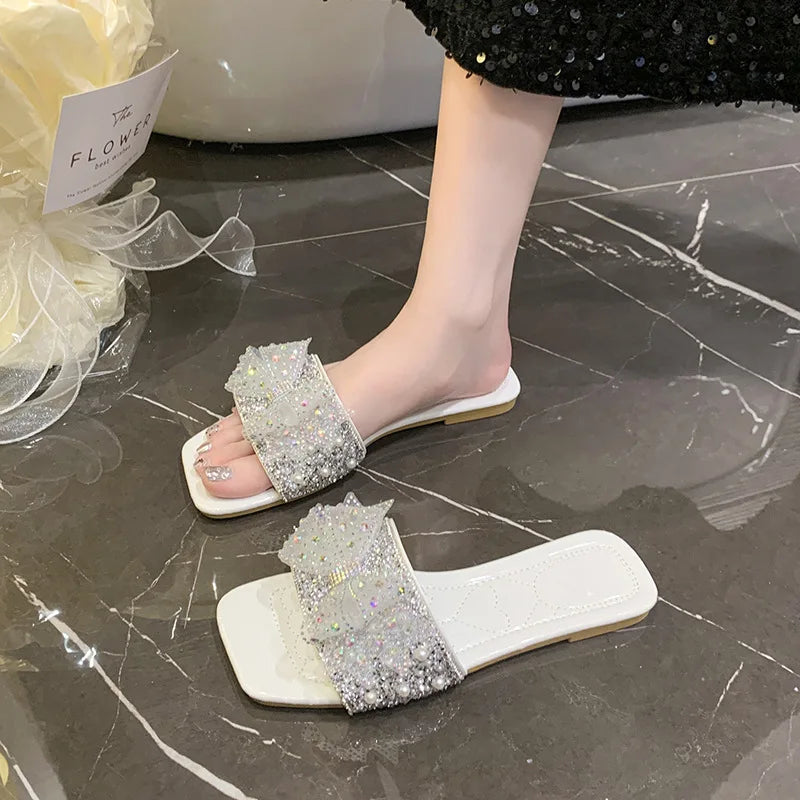 Women Summer Shoes  New Fashion Comfortable Non Slip Bow-knot Slippers Outdoor Soft Sole Rhinestone Dress Style Women Sandal