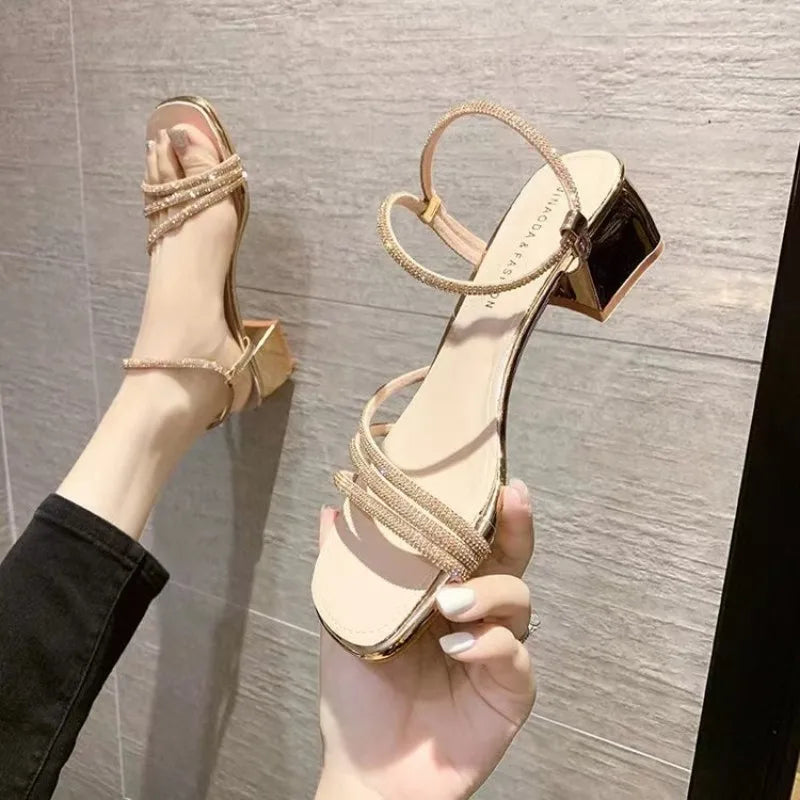 Fairy Style Rhinestone Thick Heel Sandals Women's Summer Versatile Square Head Skirt One Strap Two Wear Slip-On Shoes