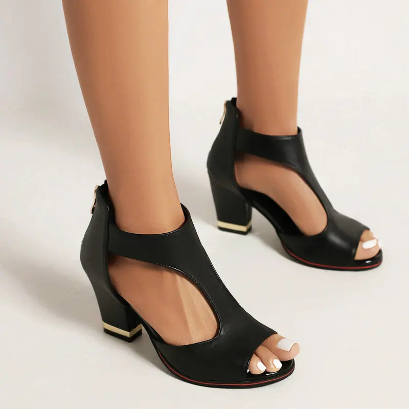 Fish Mouth High Heel Shoes Women's Summer Thick Heel Sandals Waterproof Platform Thick Sole Sexy Slim Back Zipper Hollow