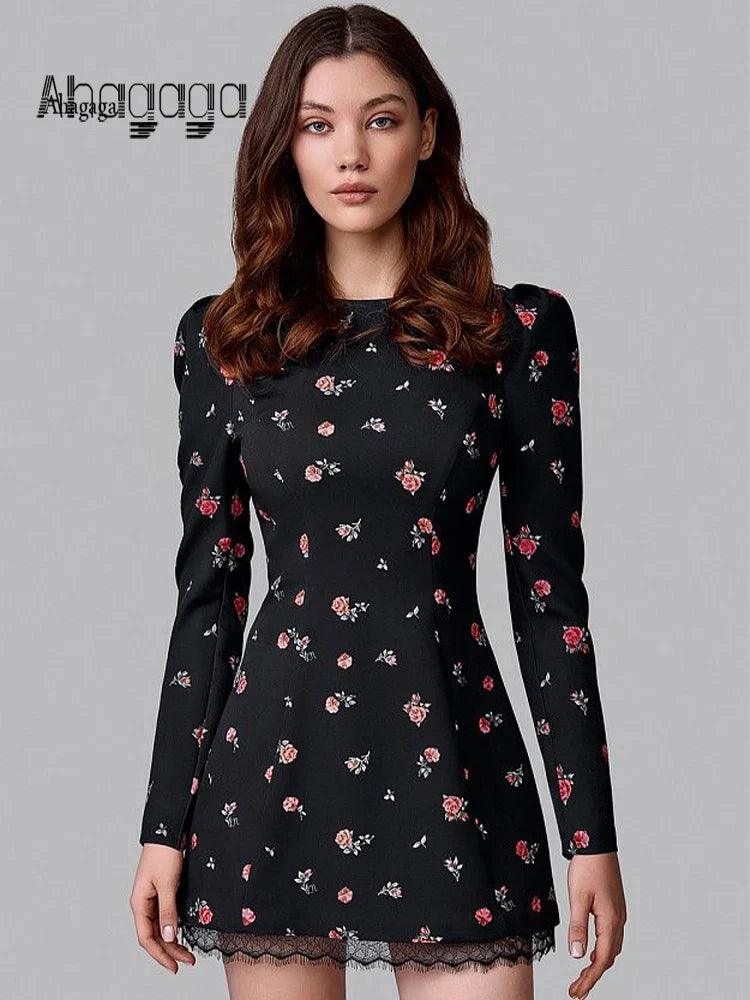 Ahagaga Elegant Women's Mini Dresses Print Heart-shaped Cutout Slim Fit A-Line Regualr Long Sleeves Trend O-Neck Lace Patchwork