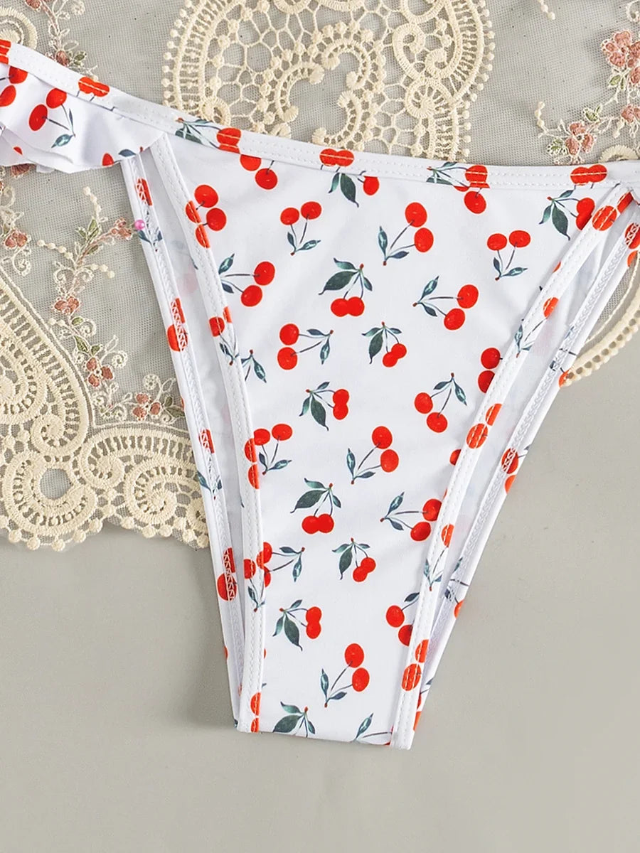 Cherry Printed Underwired V-bar Ruffled Bikini Women Swimwear Female Swimsuit Two-pieces Bikini Set Push Up Bathing Suit Swim