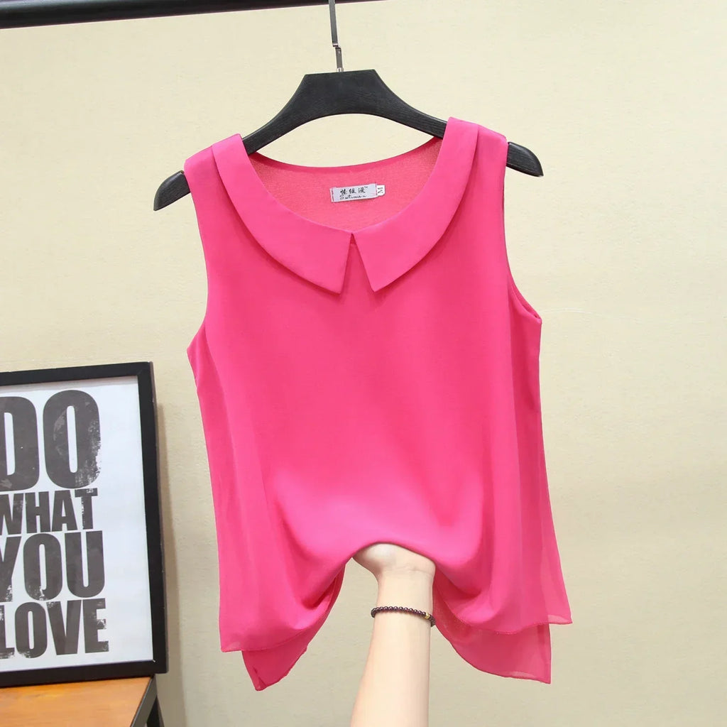 MOYISU New Arrival Summer Plus Size Outside Wear Large Size Doll Collar Loose Sleeveless Chiffon Vest Top Woman