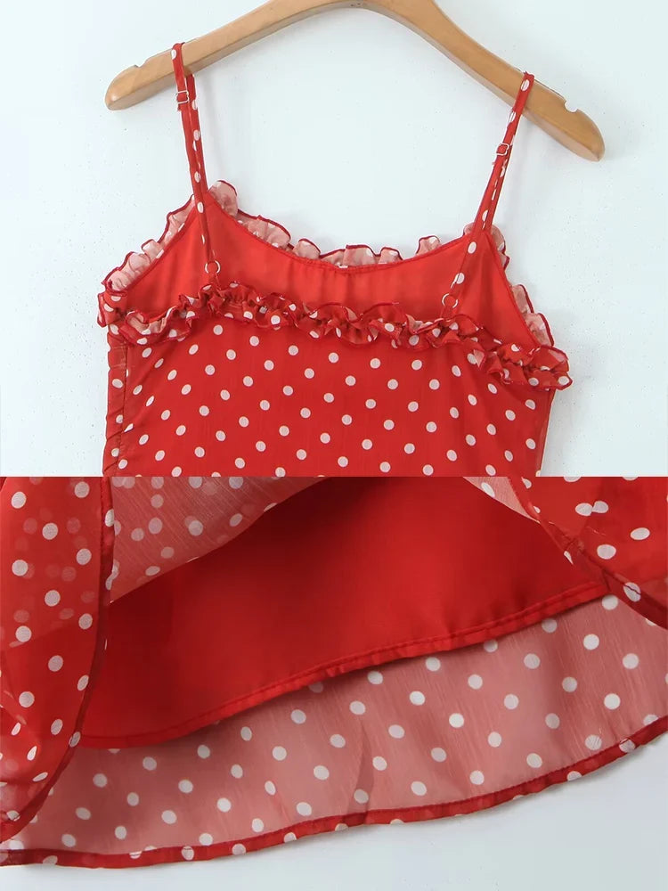 Foridol Polka Dot Printed Vintage Red Summer Dress Women Sleeveless Strappy Midi Boho Vestidos Spring Straight Beach Sundress