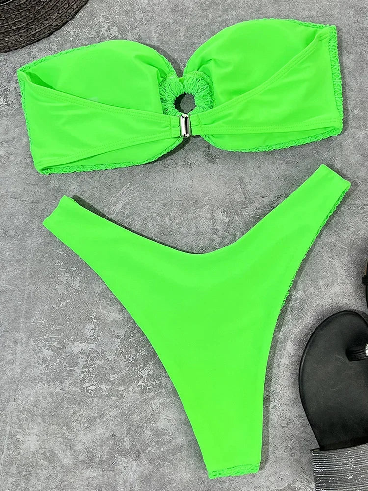 Wrinkled Fishnet Strapless Bandeau Bikini Women Swimsuit Female Swimwear Two-pieces Bikini set High Cut Bather Bathing Suit Swim