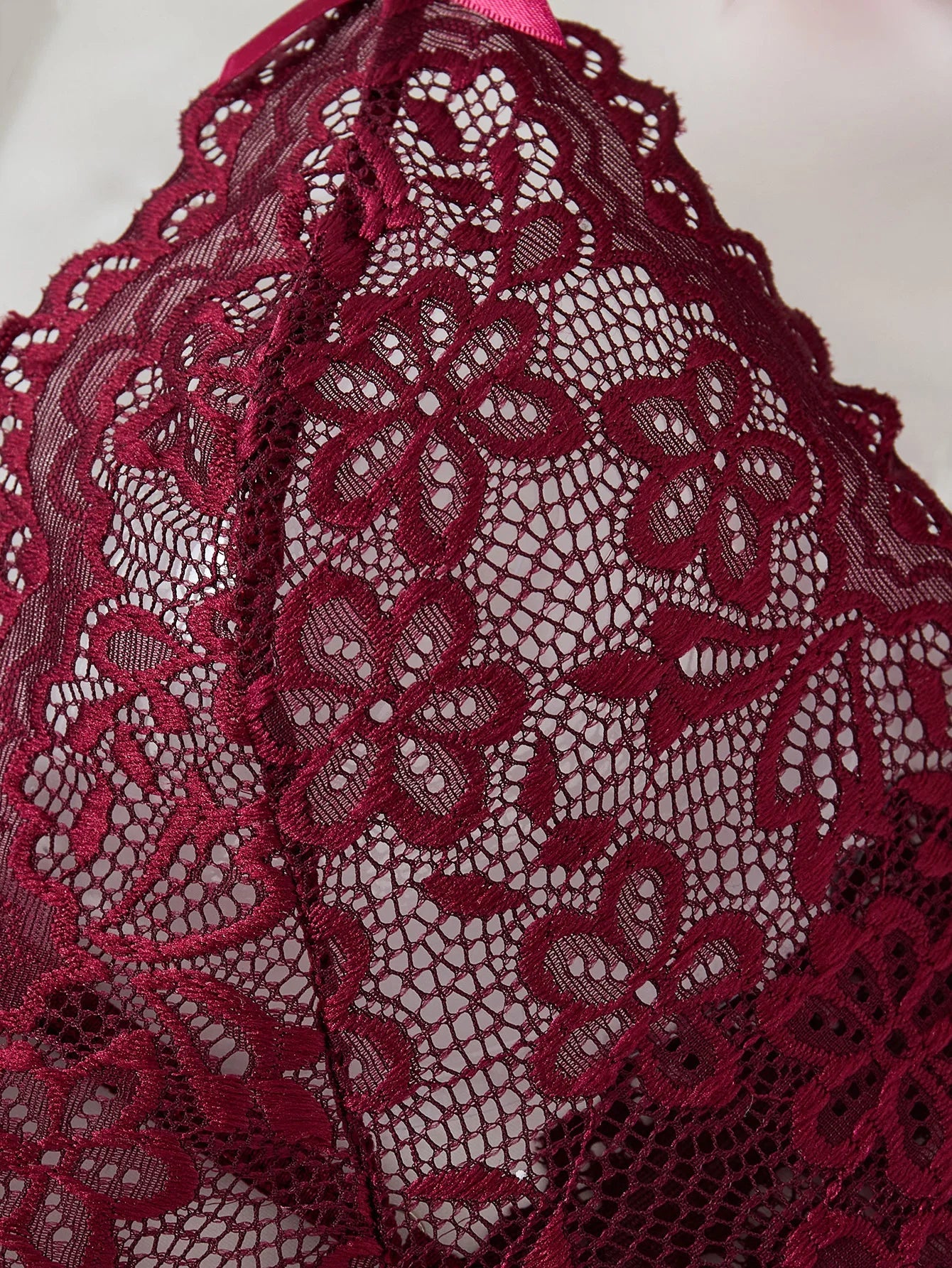 Date-specific Deep V cut WineRed lace one-piece dress. Lightweight sheer cross-strapped women's sexy lingerie set.