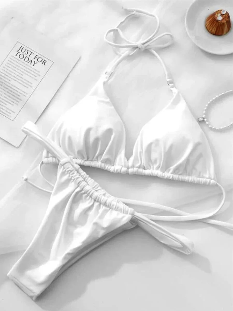 Wrinkled High Cut Mini Micro Thong Bikini Women Swimwear Female Swimsuit Two-pieces Bikini Set Halter Bather Bathing Suit Swim