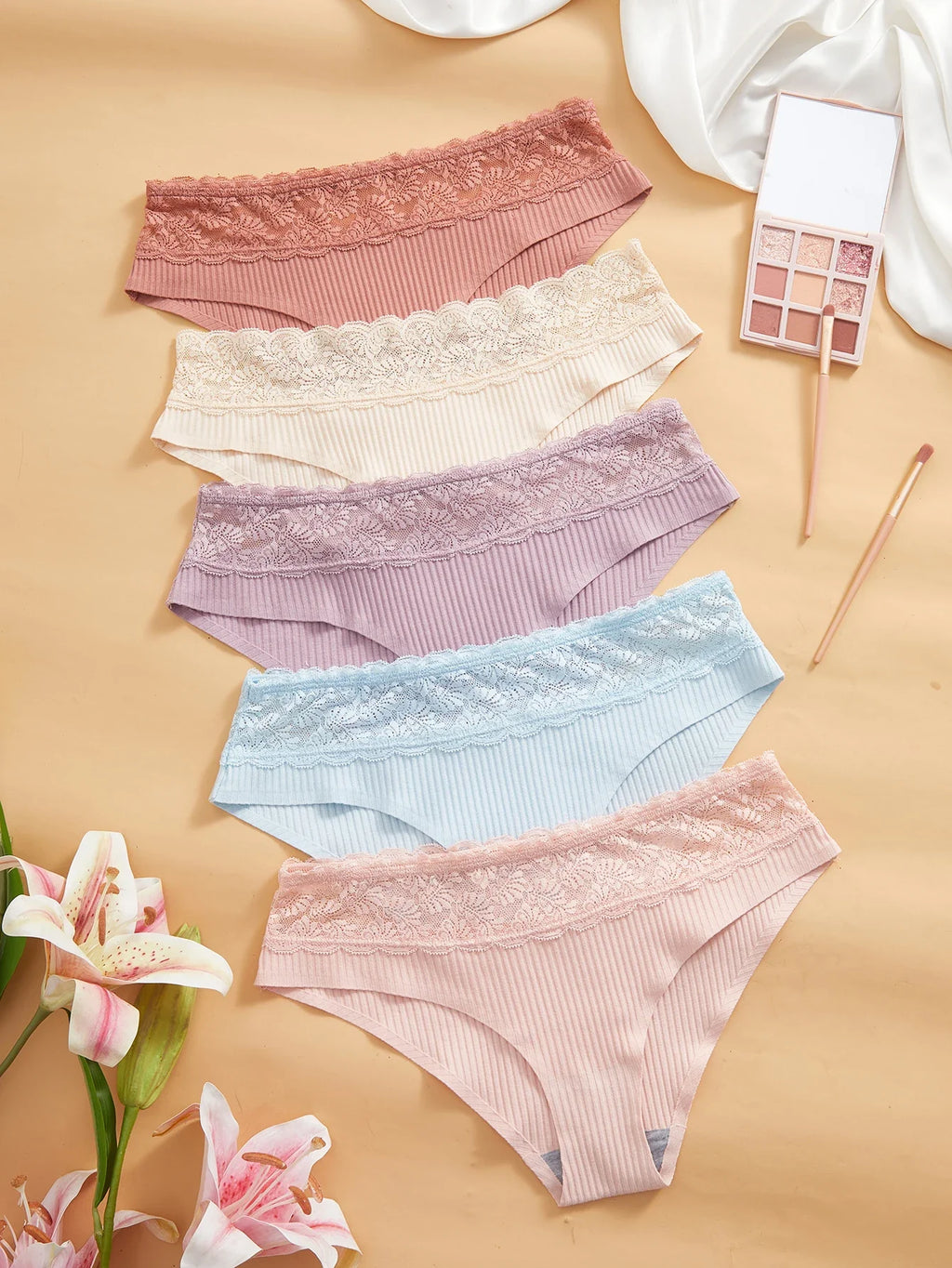 5-Pack Women's Panties Floral Lace Patchwork Ribbed Solid Briefs Breathable Soft Lingerie
