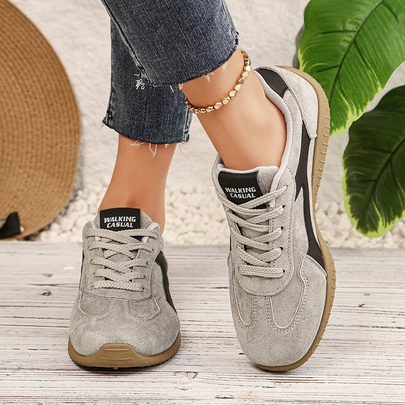 Fashion Gray Suede Flats Sneakers Women Non Slip Lace Up Platform Sneakers Woman Comfortable Thick Sole Sports Running Shoes