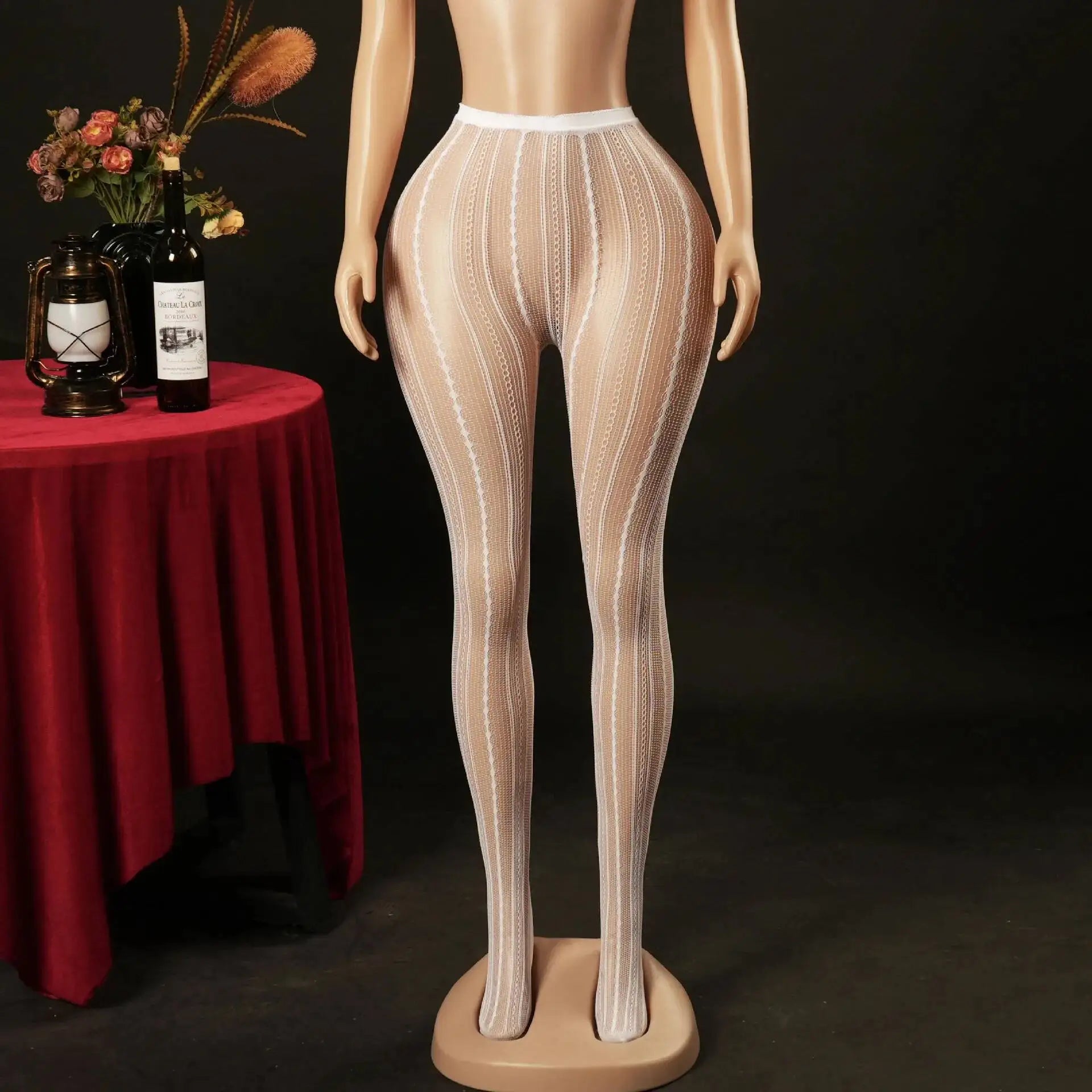 Knitted Seamless Fishnet Pantyhose Jacquard Lace Sexy Vertical Stripe Fishnet Stockings Transparent Pure Desire Elegant W0NL