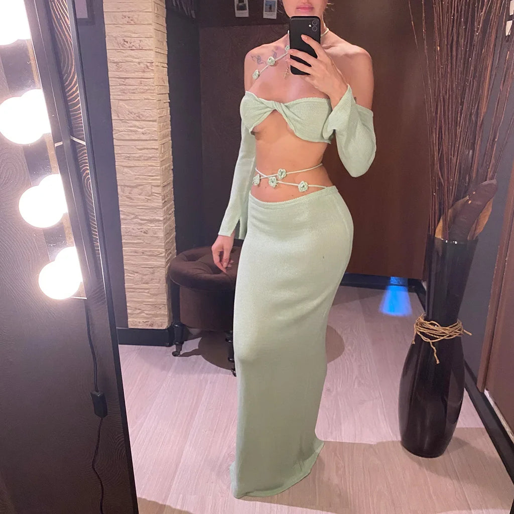 Sexy Knitted Sling Long Skirts Woman's Set Casual Slim Solid Lace Up Tube Tops Slit Skirt Sets Female Summer Beach Dress V6187