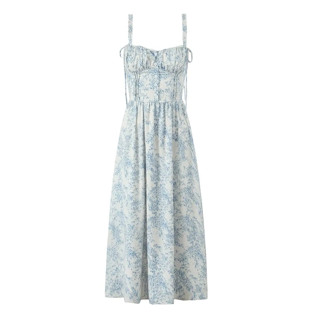 Bowknot Printed Women's Dresses Summer Casual Beach Strap Midi Dress Female Boho Light Blue Buttons Smocked Vestidos 2025