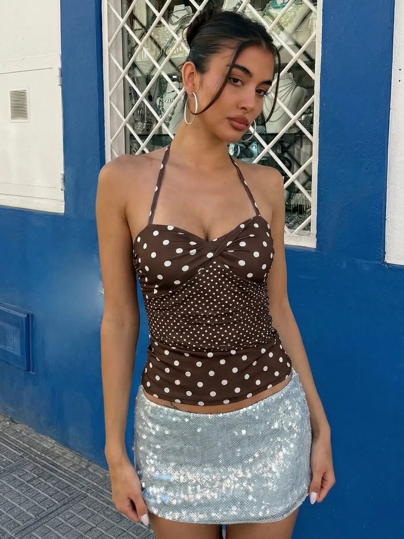 FDYOUI Y2K Polka Dot Tank Tops Streetwear Women Sexy Halter Neck Sleeveless T-shirt Brown Camisoles 2026 Summer Backless Corset