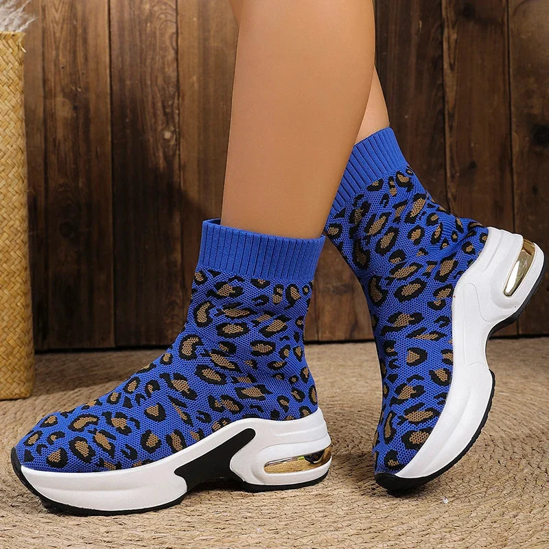 Fashion Leopard Print Platform Ankle Boots Women Comfy Slip On Breathable Knitted Boots Woman Plus Size 35-43 Wedges Short Boots