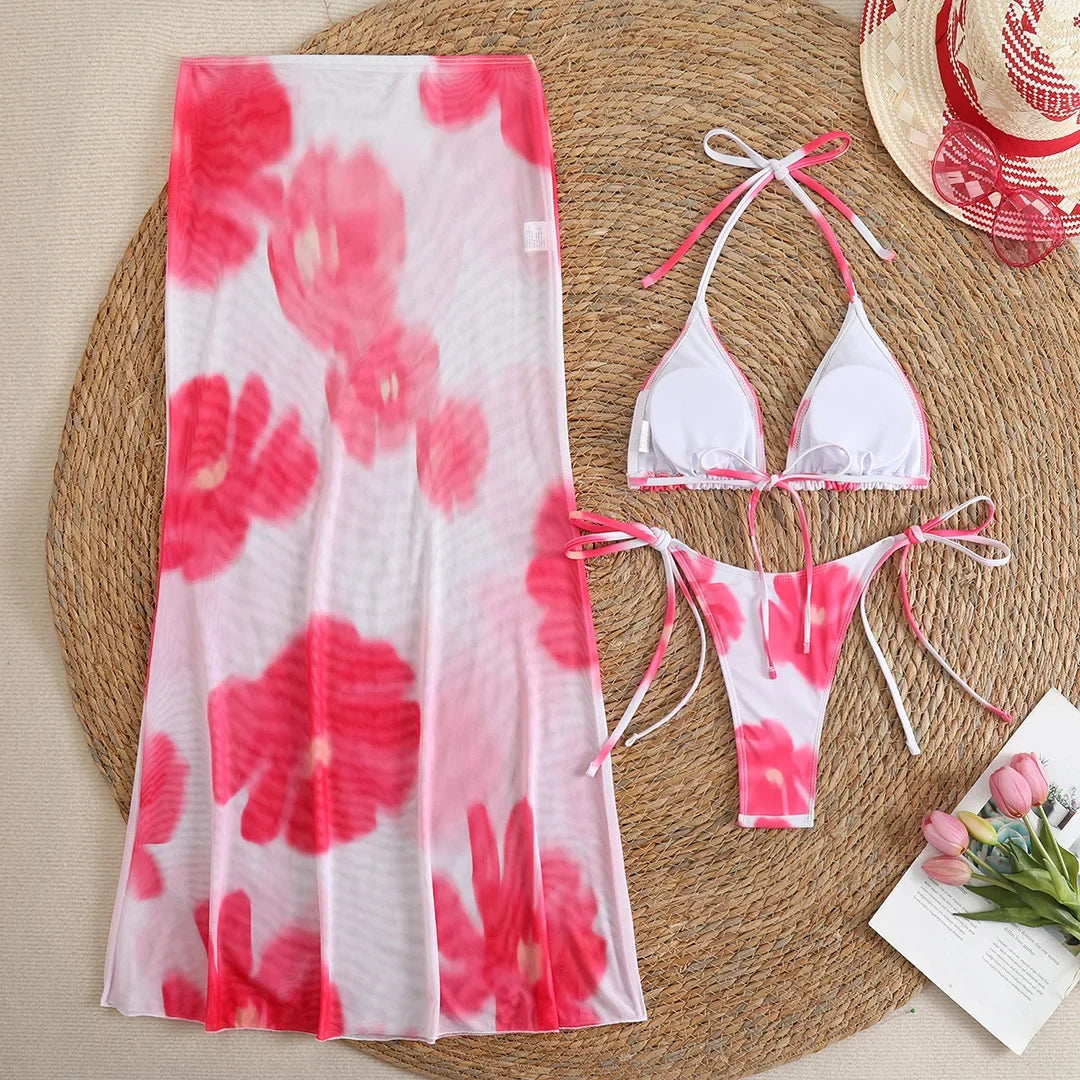 10 Color Flowers Halter Bikini Female Swimsuit Women Swimwear Three-pieces Bikini set With Skirt Bather Bathing Suit Swim V6637C