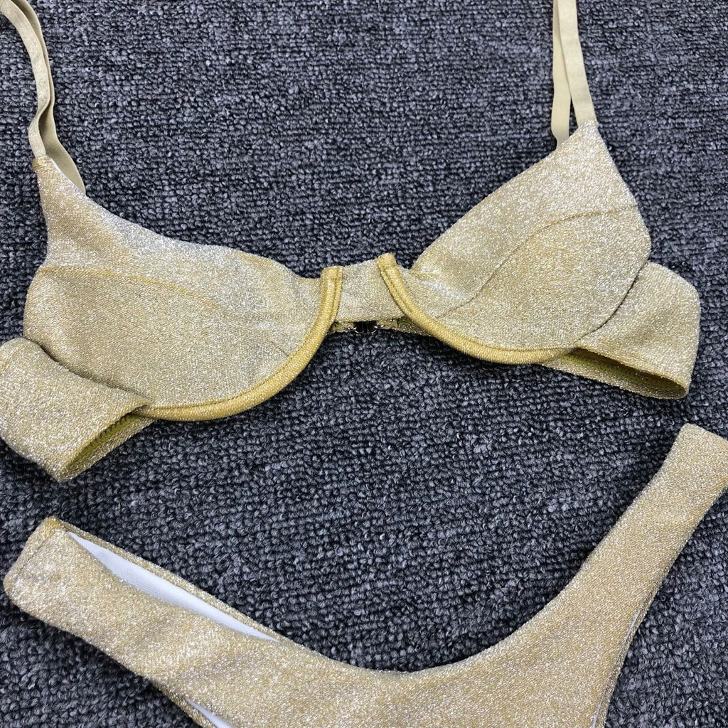 Sexy Silver Glitter Bikini 2026 Swimwear Women Push Up Cut Out Underwire Thong Swimsuit Summer Brazilian Bathing Suit Biquini