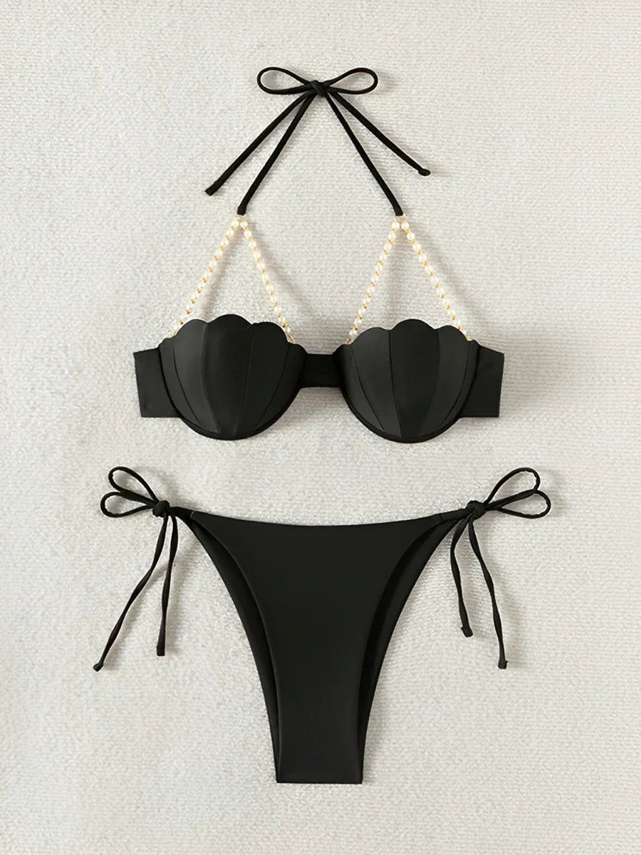Halter Solid Bikinis 2026 Women Sexy Shell Swimsuit Push Up Pearl Swimwear Female Bathers Bathing Swimming Swim Suit Beachwear