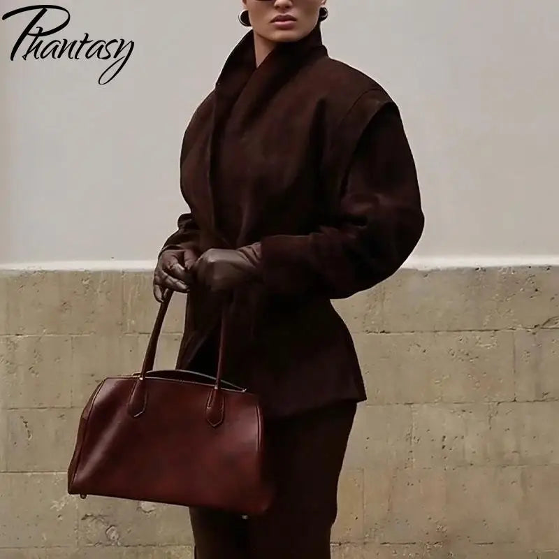 Phantasy Fashion Vintage Belt-Down Jacket Autumn Winter V-Neck Commuter Brown Suit Casual Style High-End Women's Clothing 2025