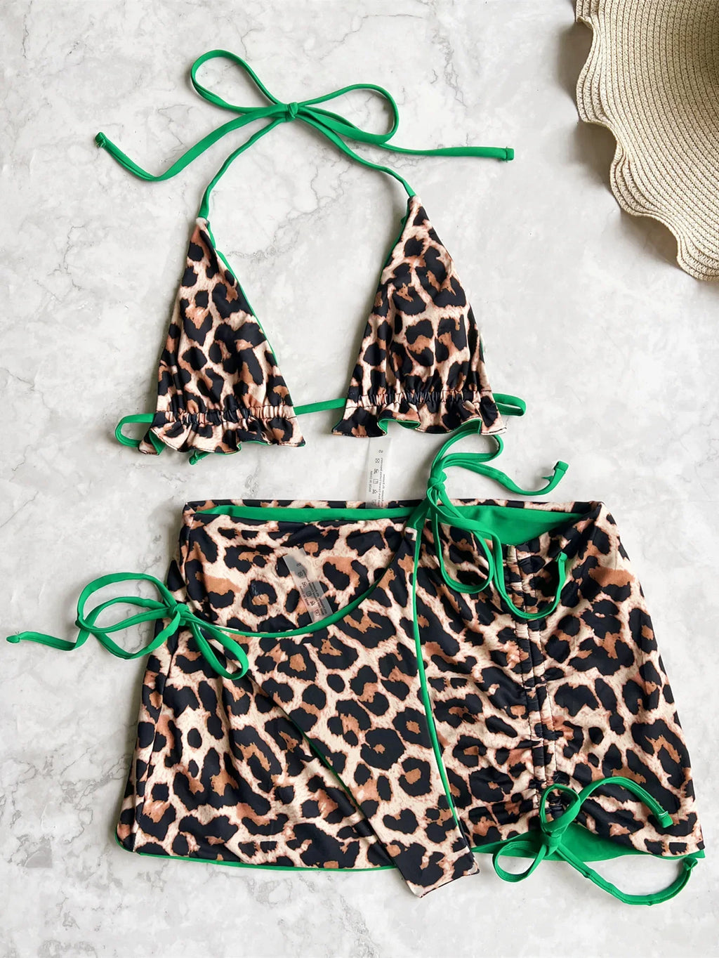 2026 Summer Leopard Print 3 Pieces Suit Swimwear Reversible Sexy Halter Lace-up Bikini Set Drawstring Skirt Cover Up Beachwear