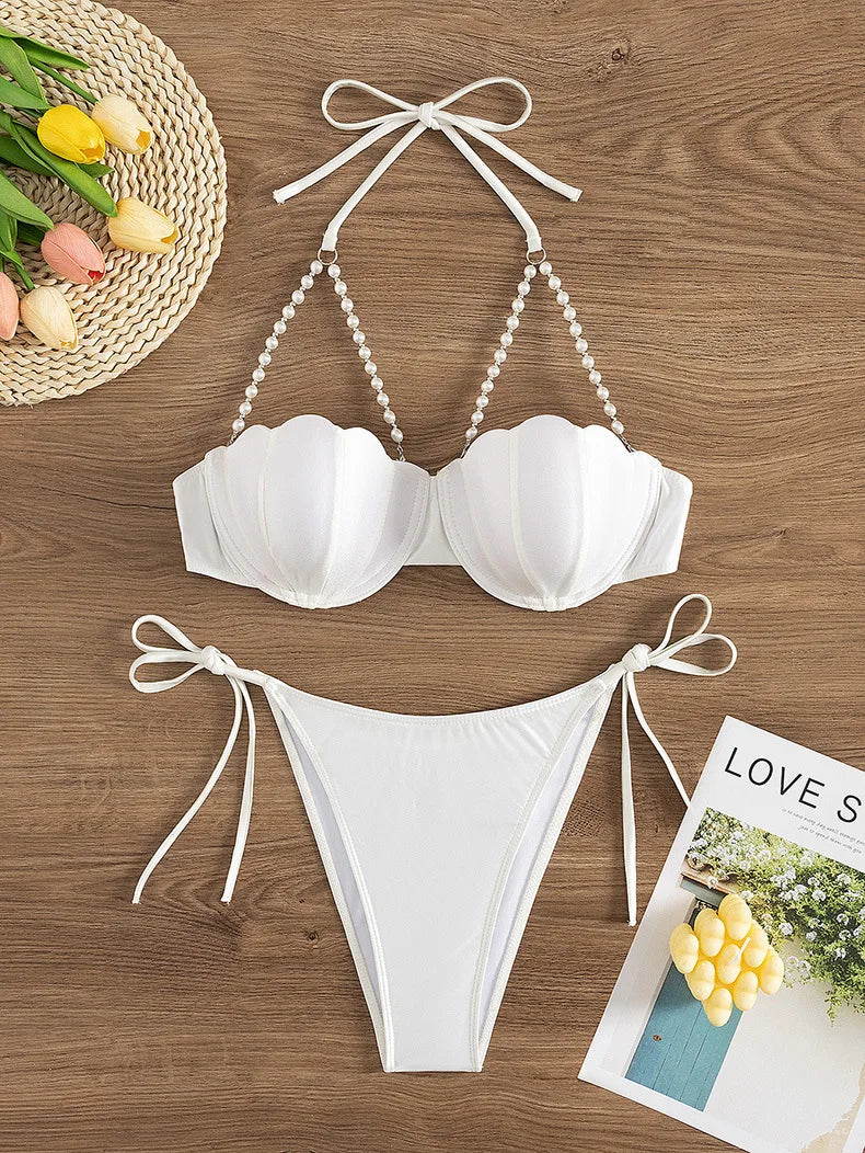 Sexy Pearls Strap Bikini Set 2025 Women White Push Up Underwire Tie Side Thong Swimsuit Summer Bathing Suit Swimwear Biquini