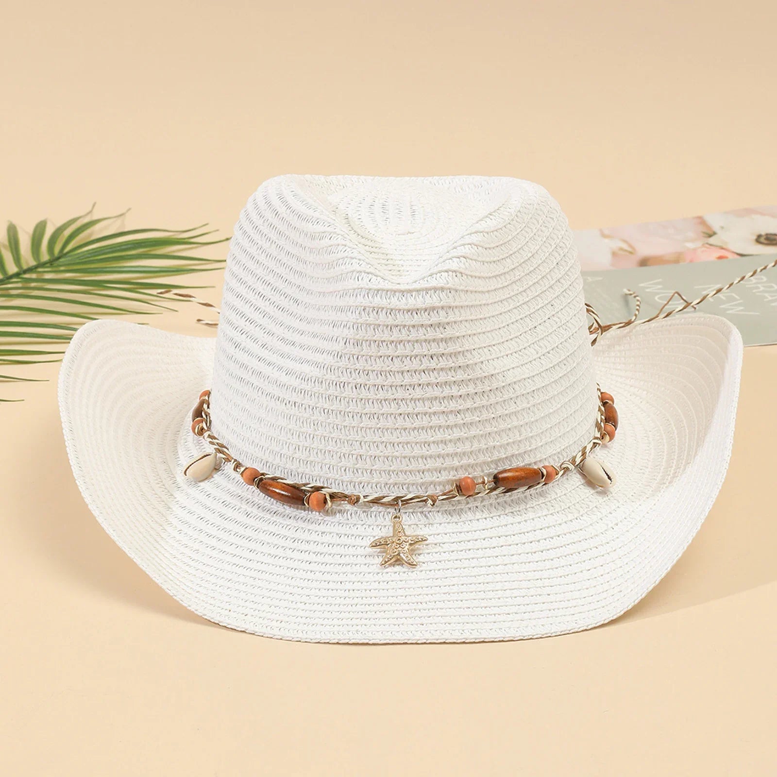 Women Men Straw Cowgirl Hat Starfish Shell Decor Western Panama Jazz Hat Summer Sun Hat for Travel Beach