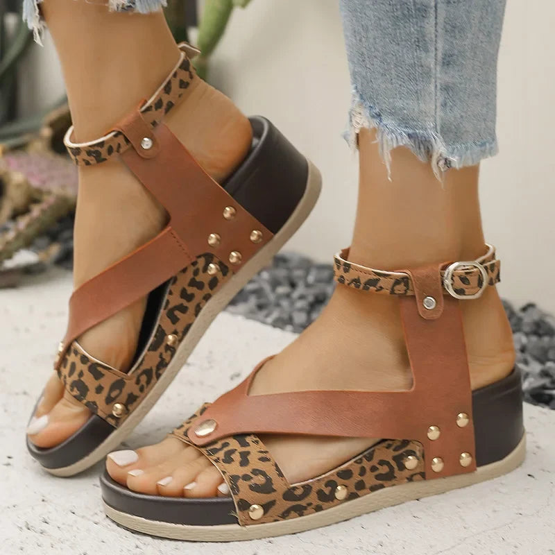 Summer Leopard Print Wedge Sandals Women Plus Size Ankle Strap High Heel Sandal Female New Slip On Pu Leather Sandalias Mujer