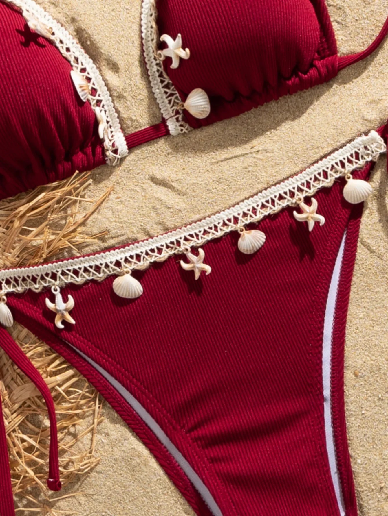 Shell Decoration Halter String Strappy Bikini Women Swimwear Female Swimsuit Two-pieces Bikini Set Ribbed Bathing Suit Swim Lady
